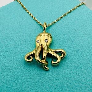 RARE Tiffany & Co. 18K Yellow Gold Diamond Octopus Charm Necklace 18” Packaging